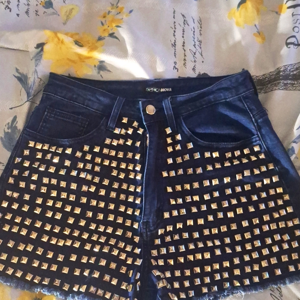 Denim studded shorts